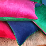 Load image into Gallery viewer, Sapphire Velvet Square Scatter Cushion with Emerald piping
