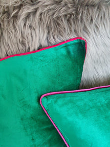 Emerald Green Silky-Smooth Plush Velvet Scatter Cushion with Magenta Piping.