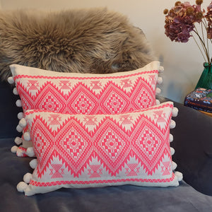 Aztec Pondicherry-Pink Rectangular Cushion with Pom Poms