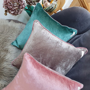 Seafoam Plush Velvet Square Scatter Cushion with Pebble Velvet Piping
