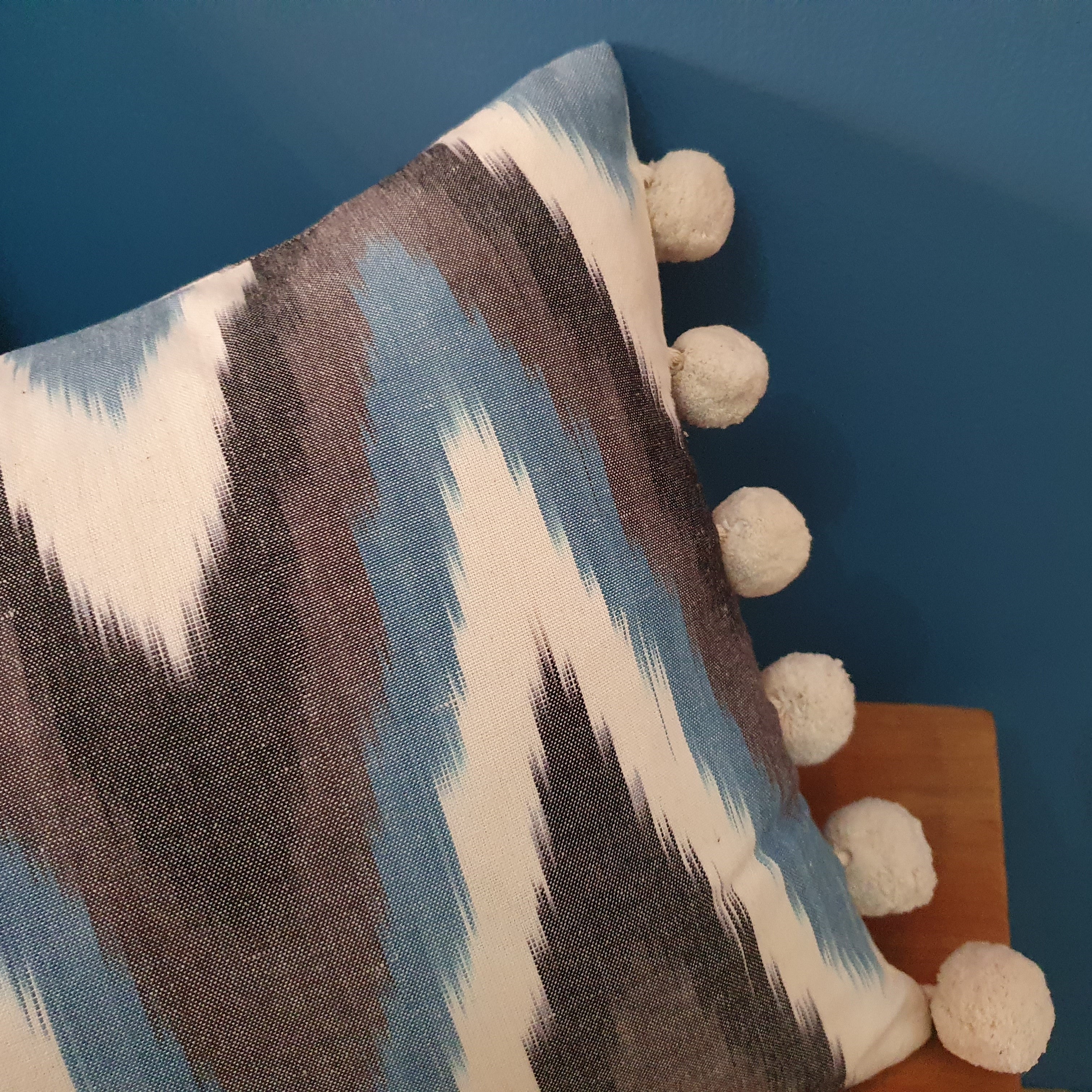 Moontide Ikat Rectangular Cushion with pom poms