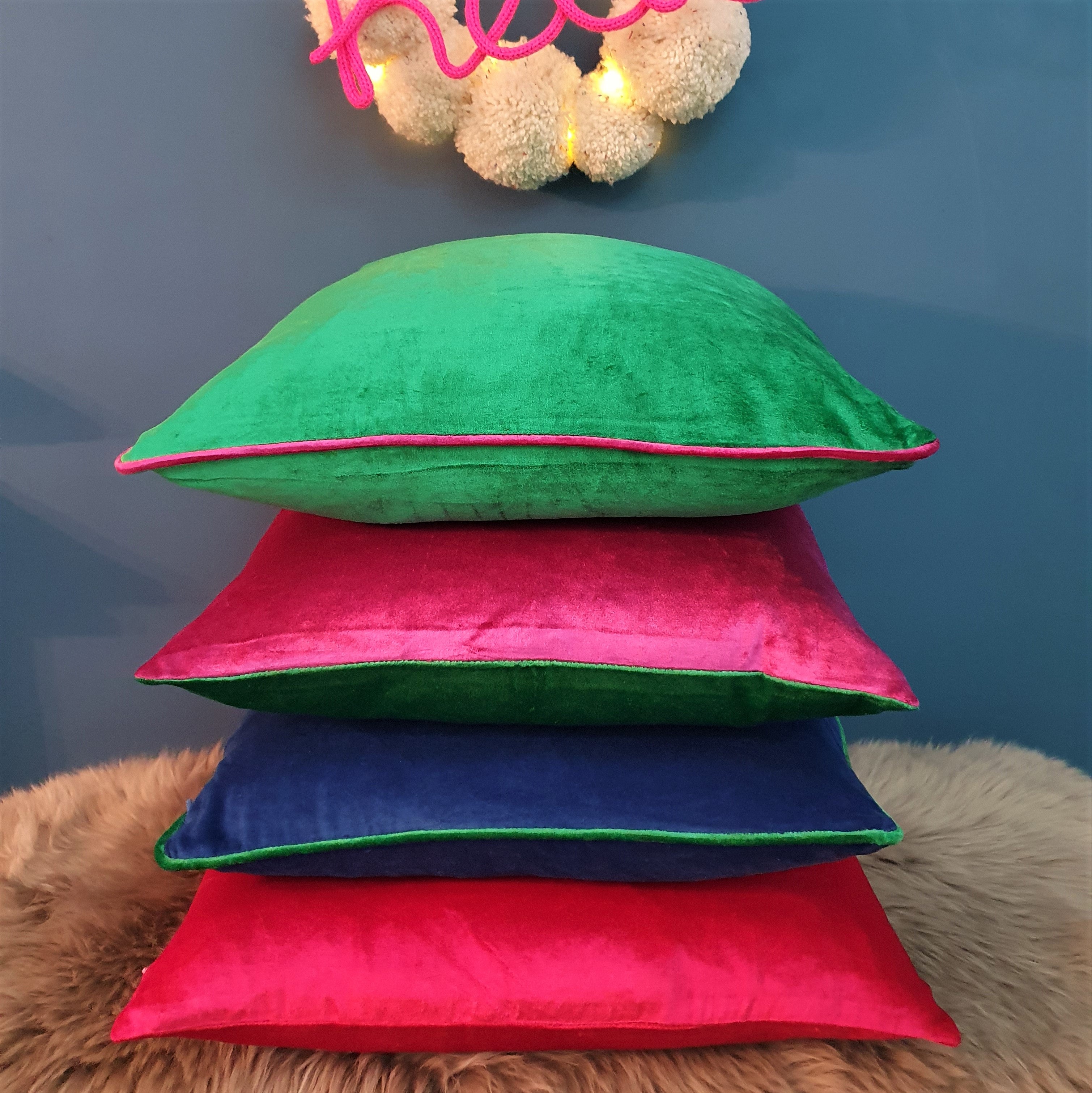 Emerald Green Silky-Smooth Plush Velvet Scatter Cushion with Magenta Piping.