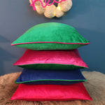 Load image into Gallery viewer, Emerald Green Silky-Smooth Plush Velvet Scatter Cushion with Magenta Piping.
