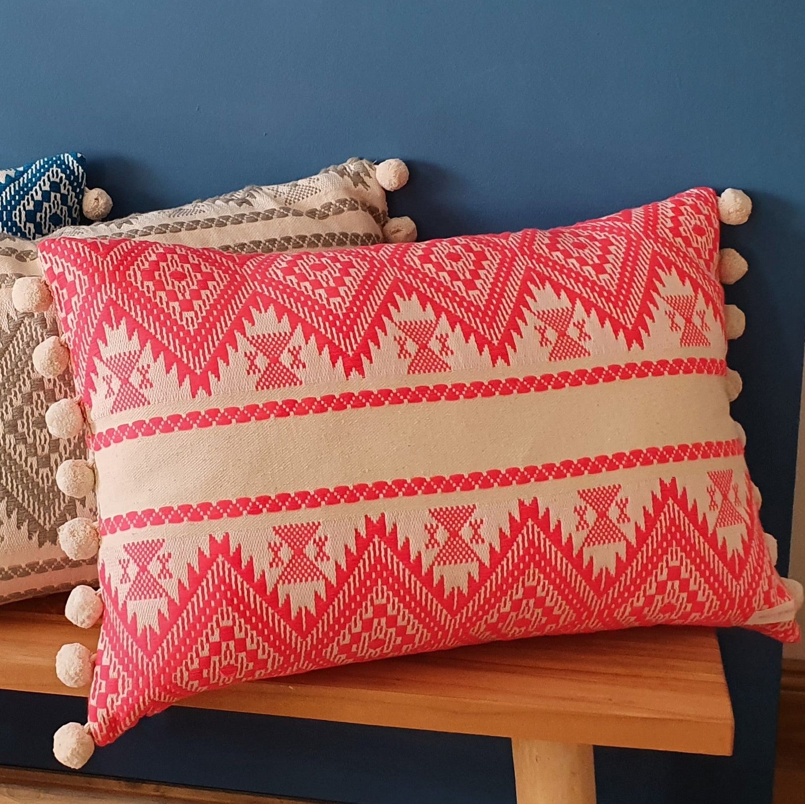 Aztec Pondicherry-Pink Large Rectangular Cushion with Pom Poms