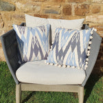 Load image into Gallery viewer, Blue Skies Large Ikat Square Cushion with Pom Poms
