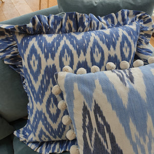 Blue Skies Large Ikat Square Cushion with Pom Poms
