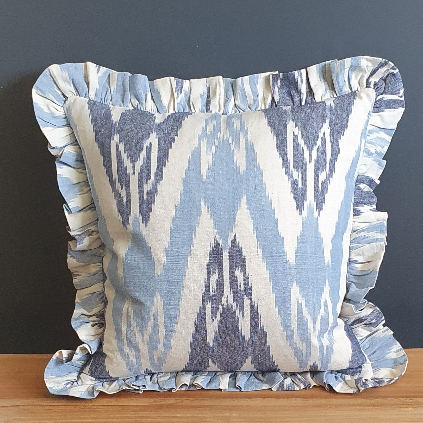 Blue Skies Square Ikat Cushion with Frill