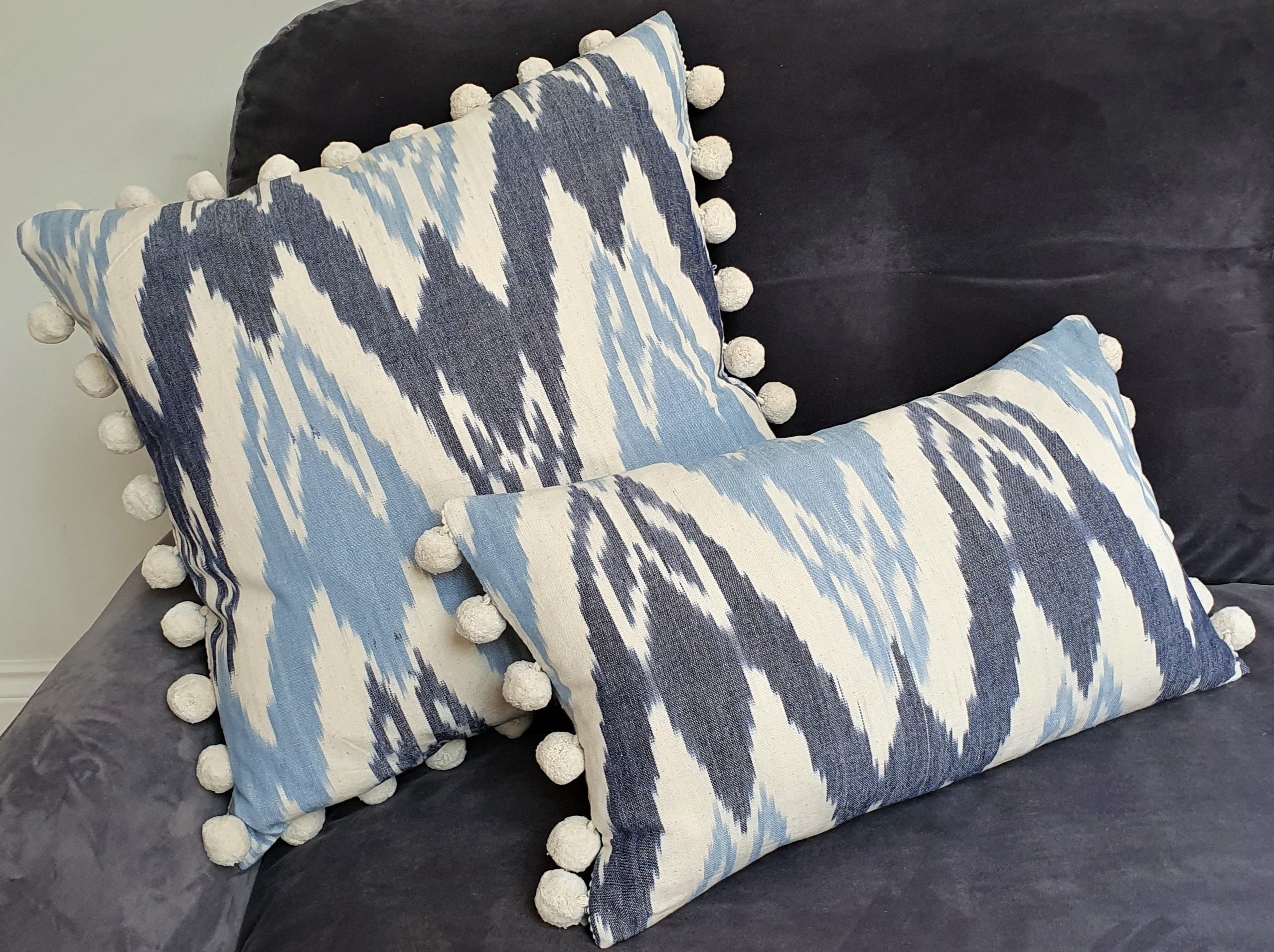 Blue Skies Large Ikat Square Cushion with Pom Poms