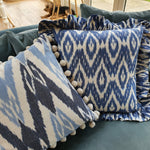 Load image into Gallery viewer, Blue Skies Large Ikat Square Cushion with Pom Poms
