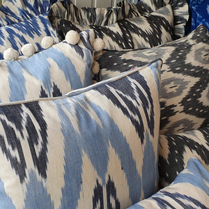 Blue Skies Large Ikat Square Cushion with Pom Poms