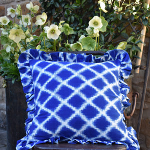 Celeste Square Mediterranean Blue and Chalk White Ikat Cushion with Frill