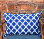 Load image into Gallery viewer, Celeste Large Rectangular Mediterranean Blue and white Ikat Cushion with Piping.
