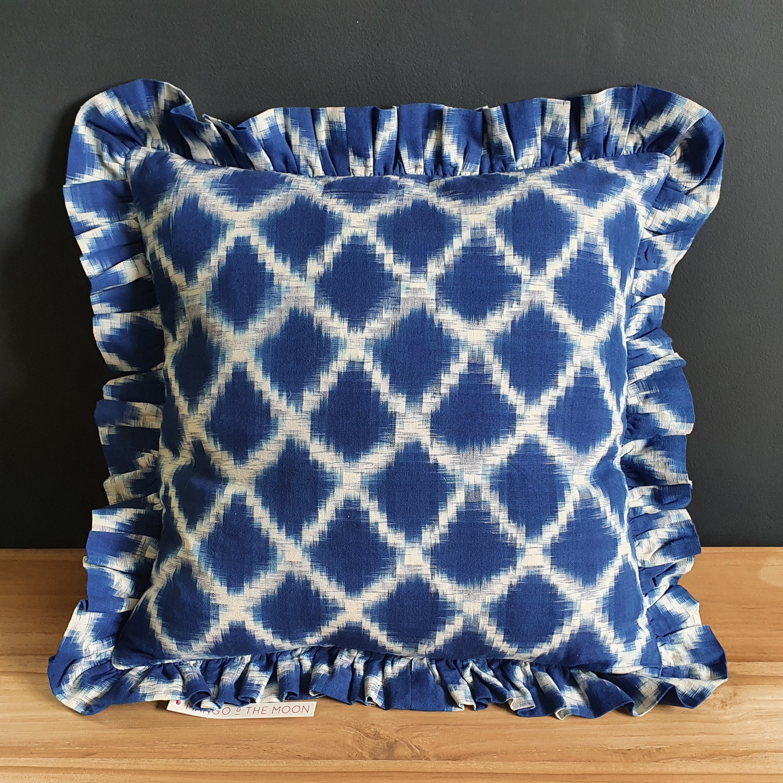 Celeste Square Mediterranean Blue and Chalk White Ikat Cushion with Frill