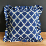 Load image into Gallery viewer, Celeste Square Mediterranean Blue and Chalk White Ikat Cushion with Frill
