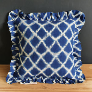 Celeste Square Mediterranean Blue and Chalk White Ikat Cushion with Frill