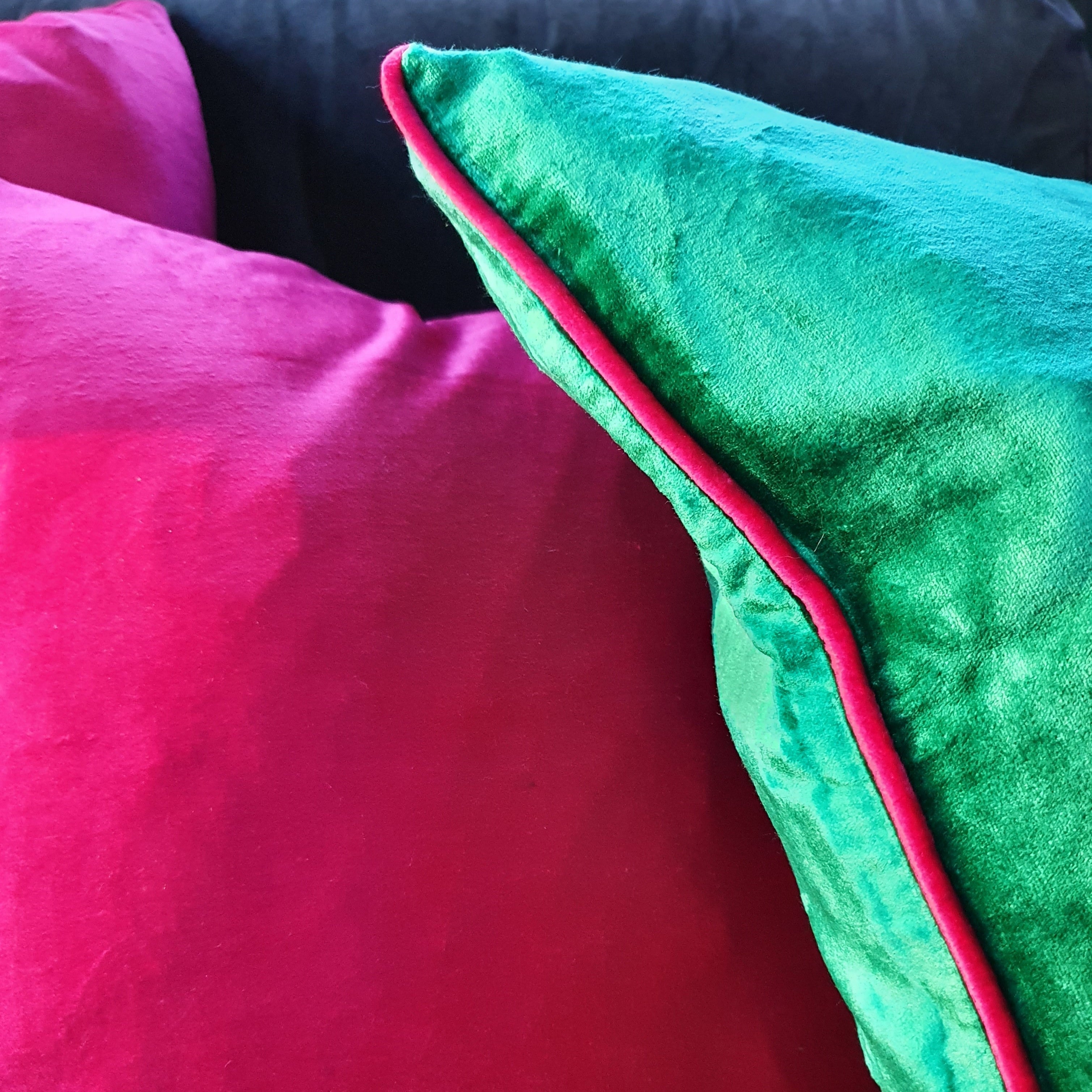 Emerald Green Square Plush Velvet Scatter Cushion with Cerise Pink Piping