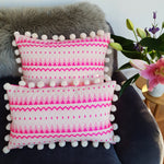 Load image into Gallery viewer, Chi Chi Large Square Double-Sided Neon Pink Cushion with Pom Poms.
