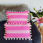 Load image into Gallery viewer, Chi Chi Large Square Double-Sided Neon Pink Cushion with Pom Poms.
