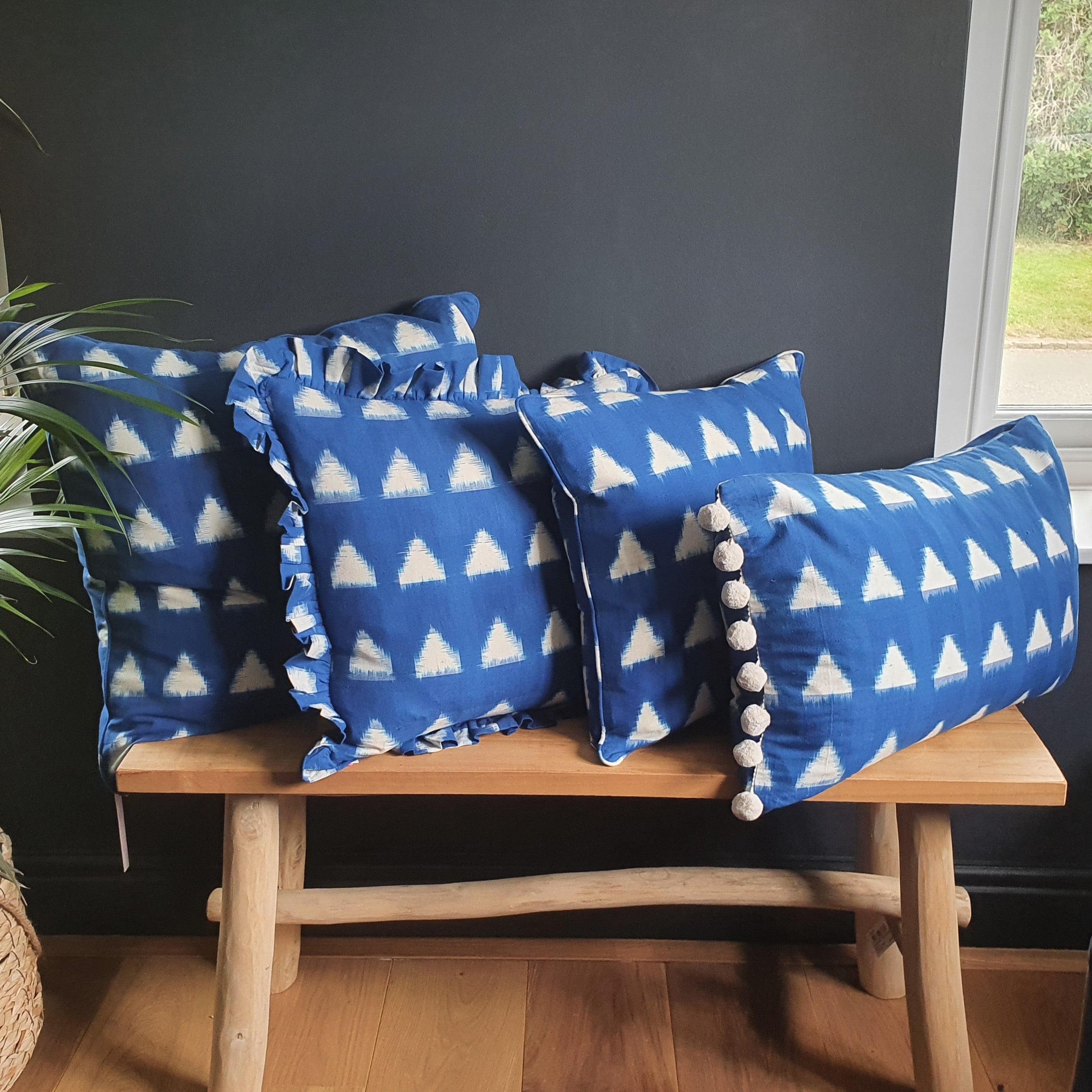 Constance Large Rectangular Ikat Cushion with Pom Poms
