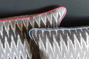 Damn The Weather! Large Square Ikat Cushion with Rose Pink Piping.