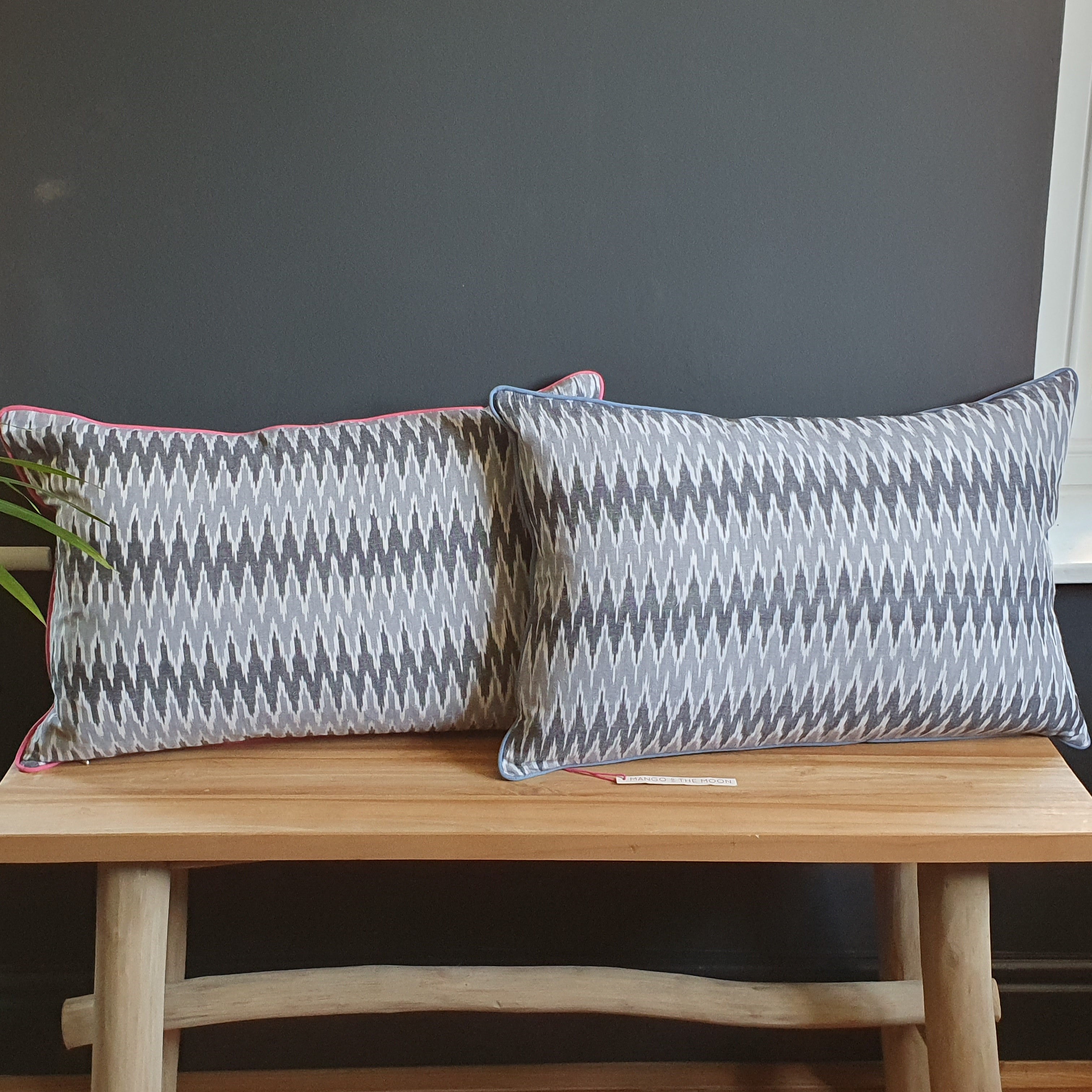 Damn The Weather! Large Rectangular Ikat Cushion with a Stormy Blue Piping.