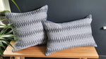 Load image into Gallery viewer, Damn The Weather! Large Rectangular Ikat Cushion with a Stormy Blue Piping.
