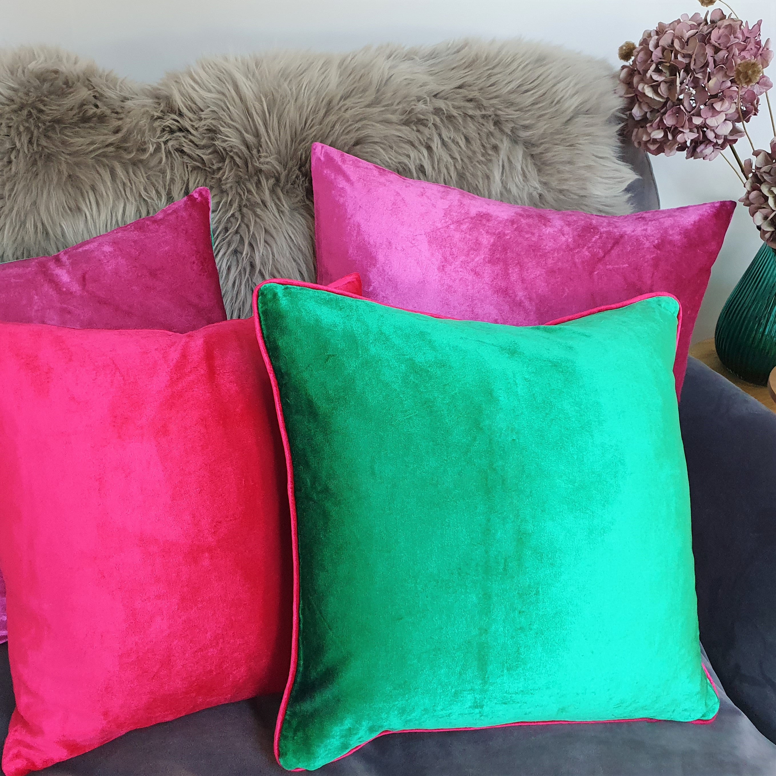 Emerald Green Square Plush Velvet Scatter Cushion with Cerise Pink Piping