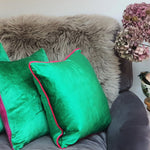 Load image into Gallery viewer, Emerald Green Square Plush Velvet Scatter Cushion with Cerise Pink Piping
