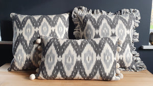Fyfe rectangular Ikat cushions with Pom Poms