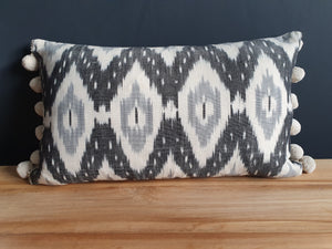 Fyfe rectangular Ikat cushions with Pom Poms
