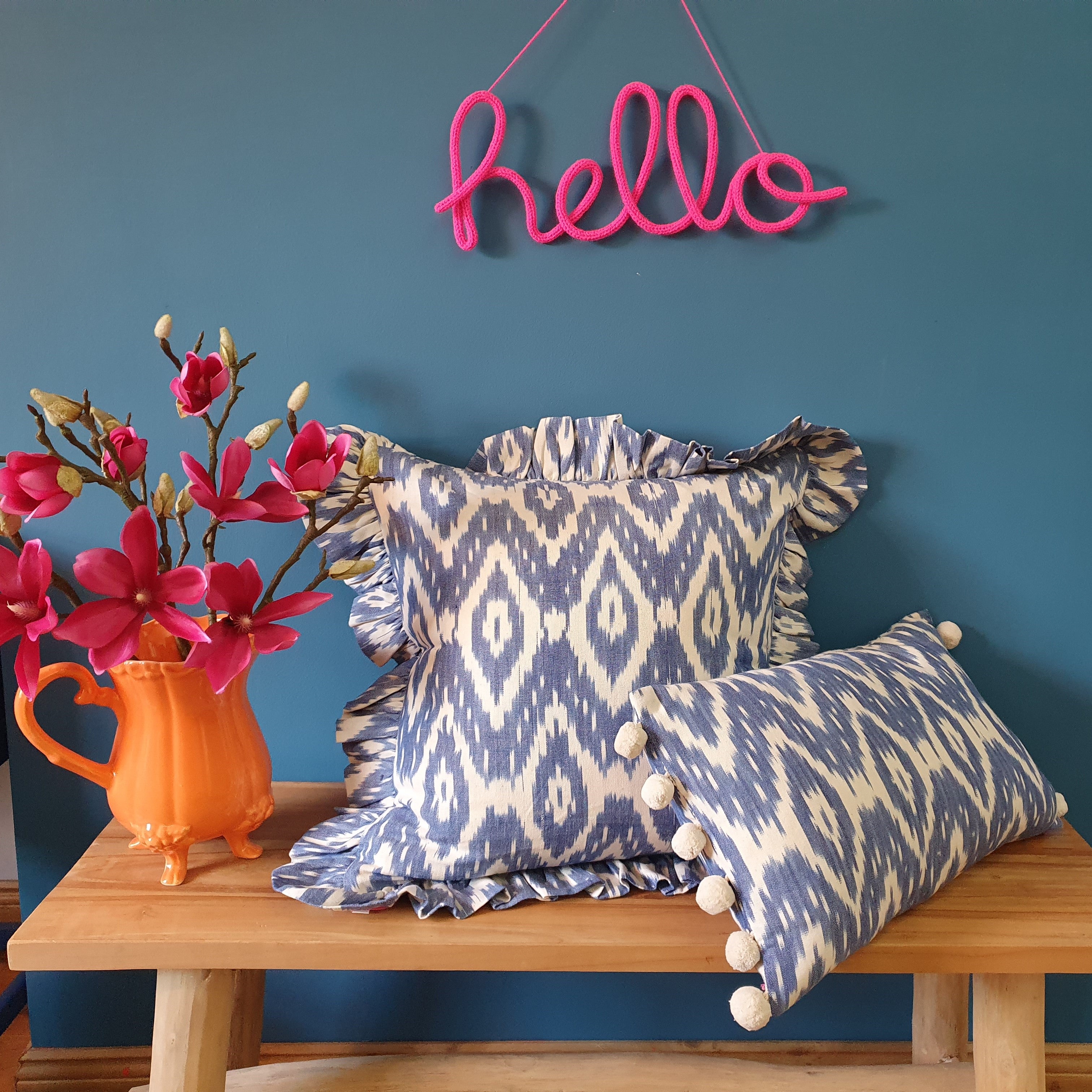 Gigi  Rectangular Ikat Cushion with pom poms
