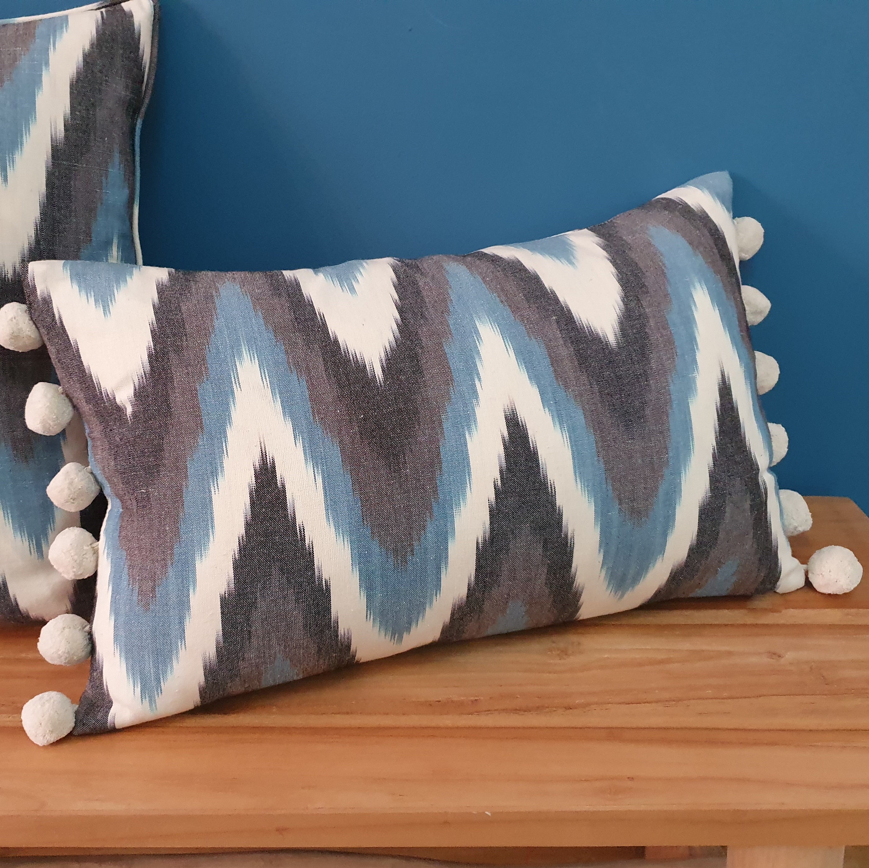 Moontide Ikat Rectangular Cushion with pom poms