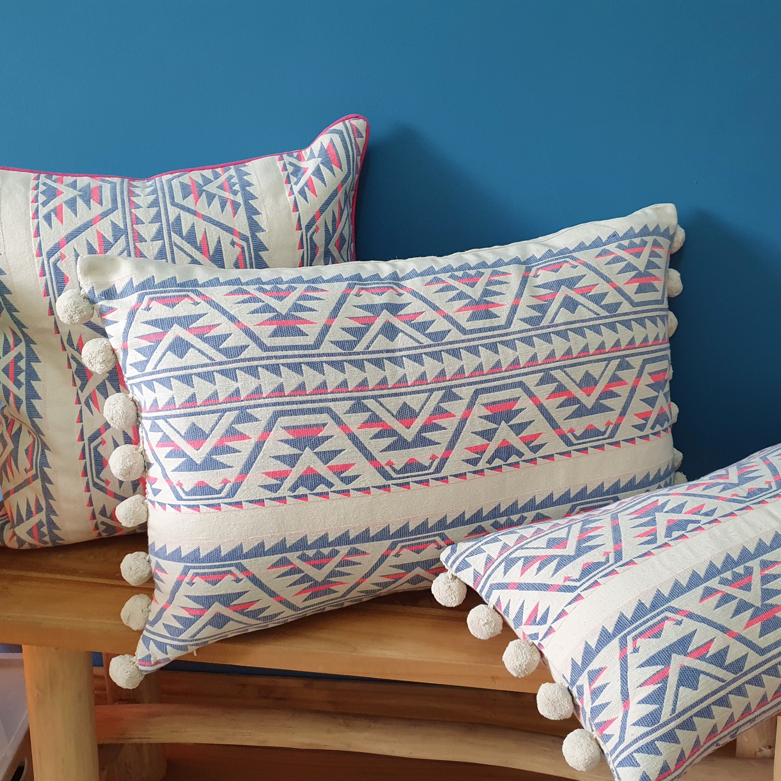 Neon Navajo Large Rectangular Cushion with Pom Poms.
