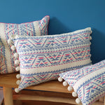 Load image into Gallery viewer, Neon Navajo Large Rectangular Cushion with Pom Poms.
