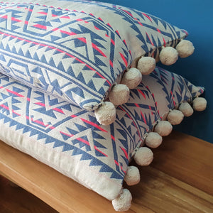 Neon Navajo Large Rectangular Cushion with Pom Poms.