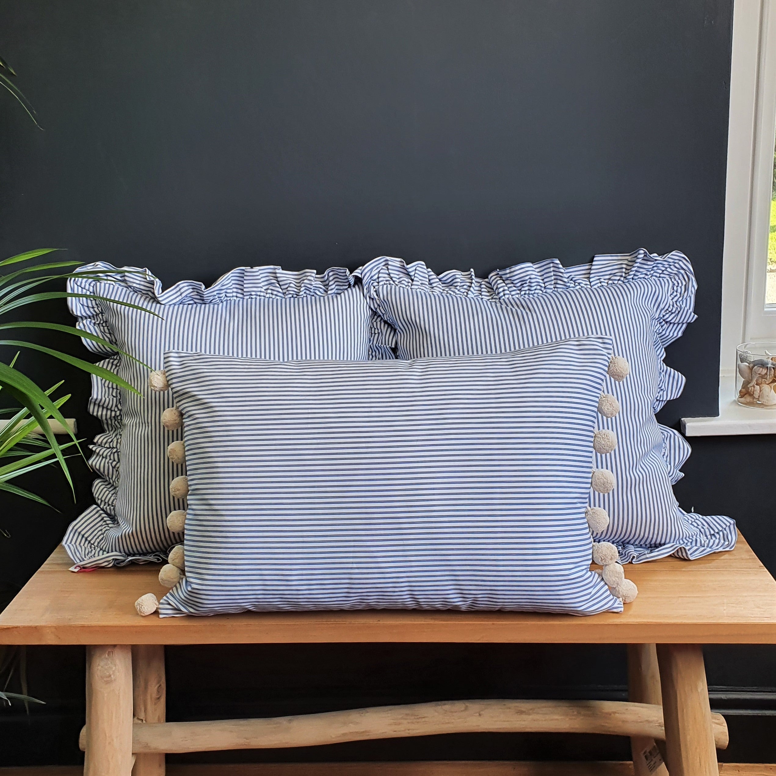 Old Fashioned Large Rectangle Pinstriped Cushion with Pom Poms