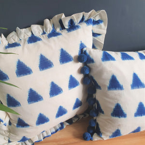 Olivia Square Azure Triangle Ikat Cushion with Frill