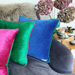 Load image into Gallery viewer, Sapphire Velvet Square Scatter Cushion with Emerald piping
