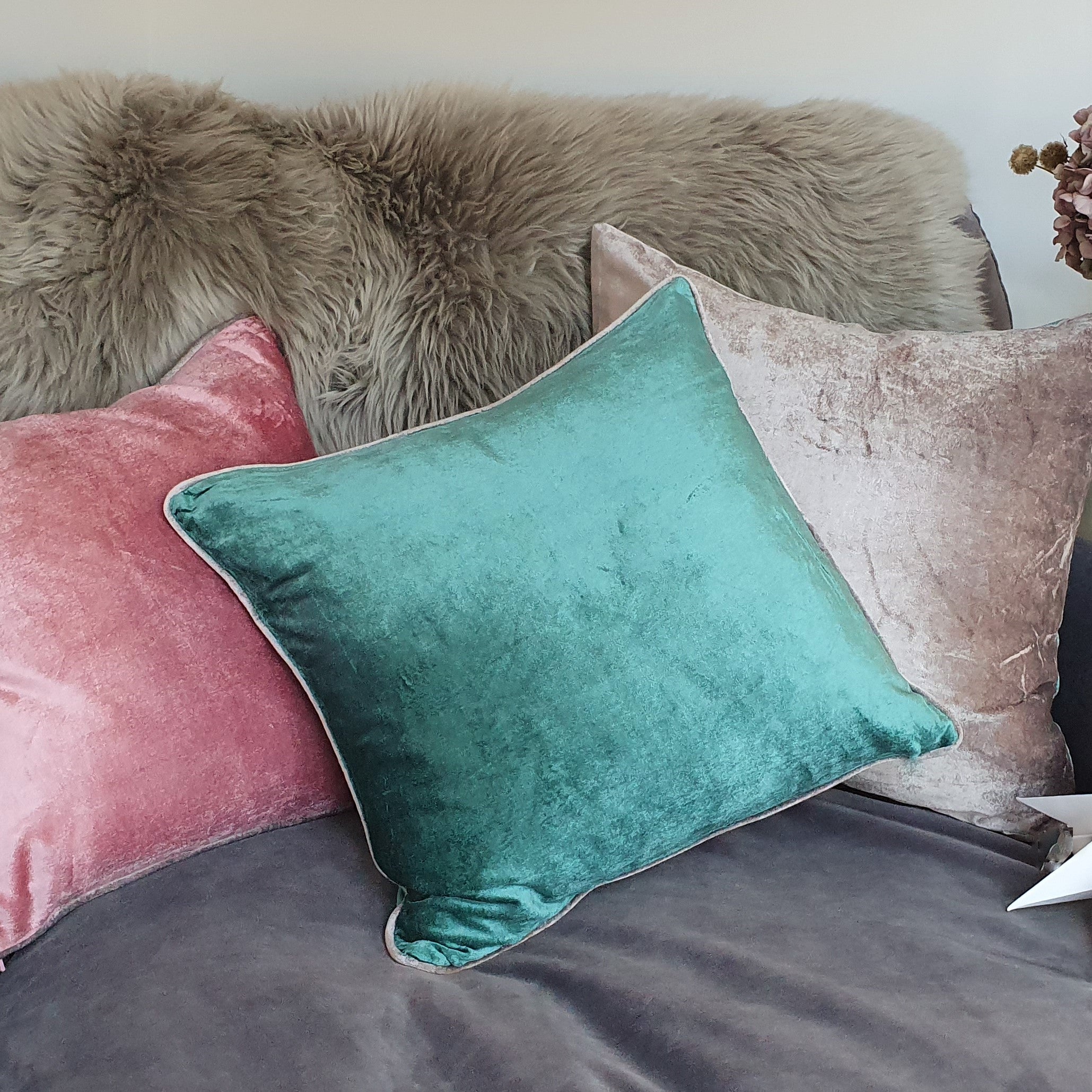 Seafoam Plush Velvet Square Scatter Cushion with Pebble Velvet Piping