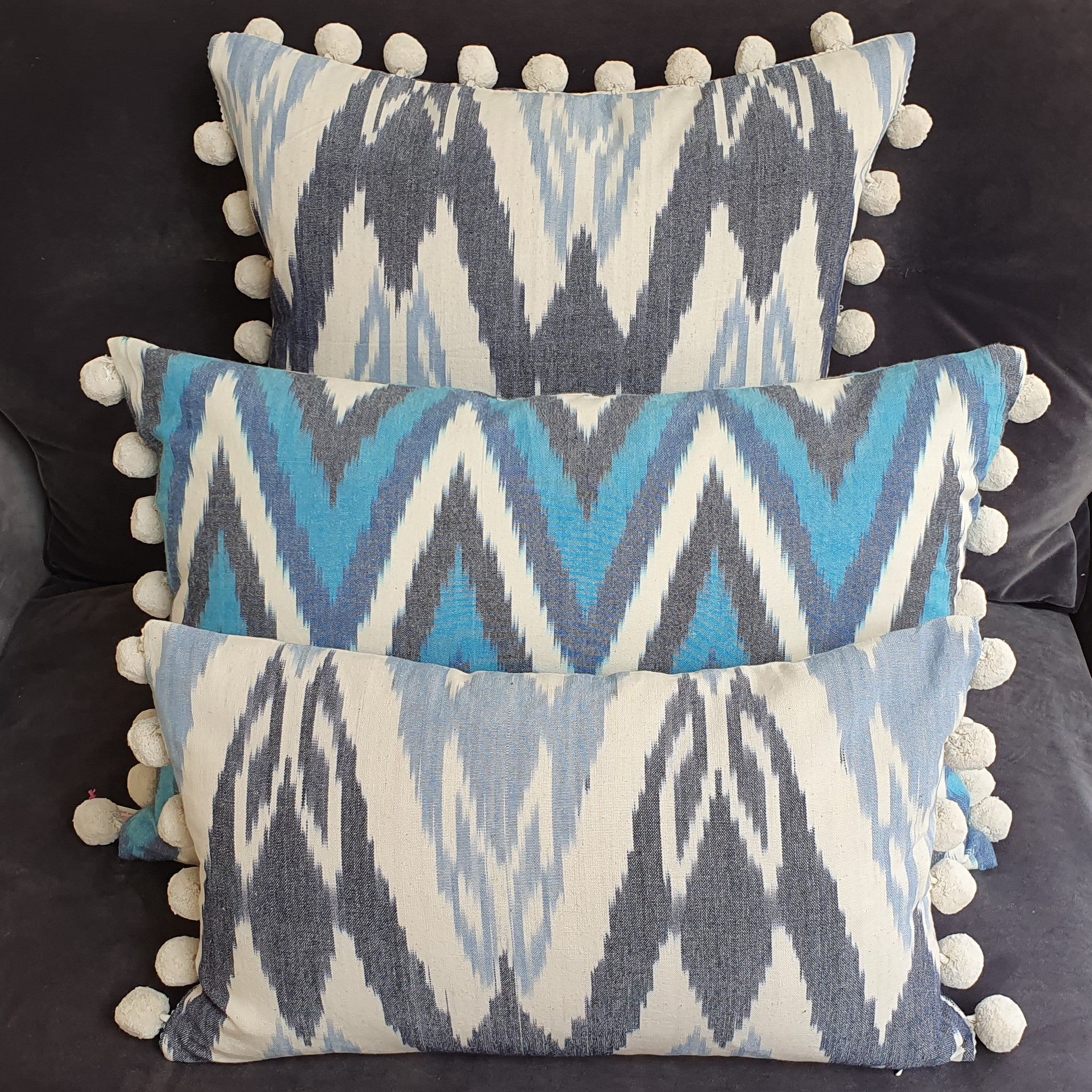 Blue Skies Large Ikat Square Cushion with Pom Poms