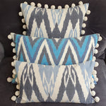 Load image into Gallery viewer, Blue Skies Large Ikat Square Cushion with Pom Poms
