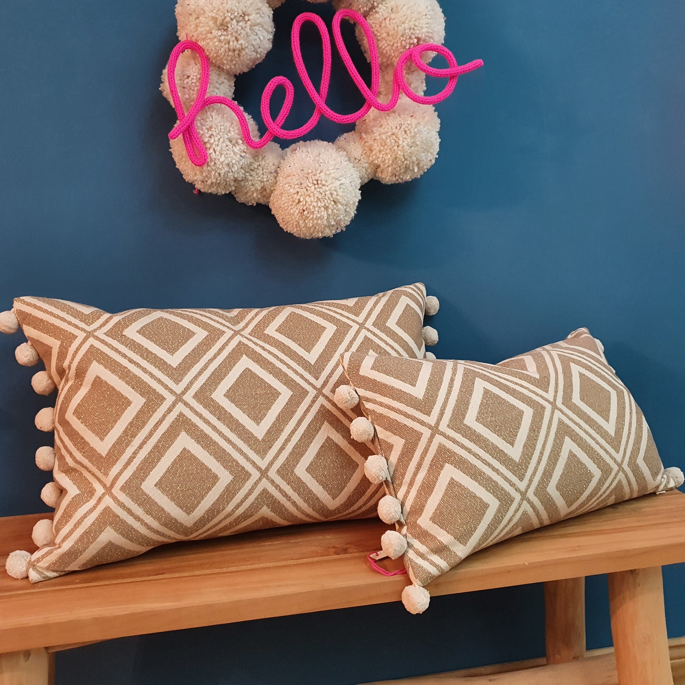 Metallic Topaz Rectangular Diamond Cushion with pom poms