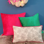 Load image into Gallery viewer, Abstract animal print velvet cushion with shocking pink velvet piping
